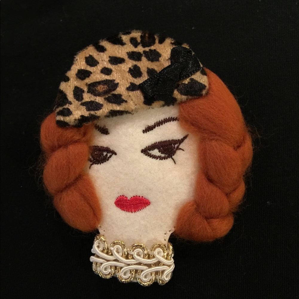 Handmade Leopard Hat Woman Face Brooch